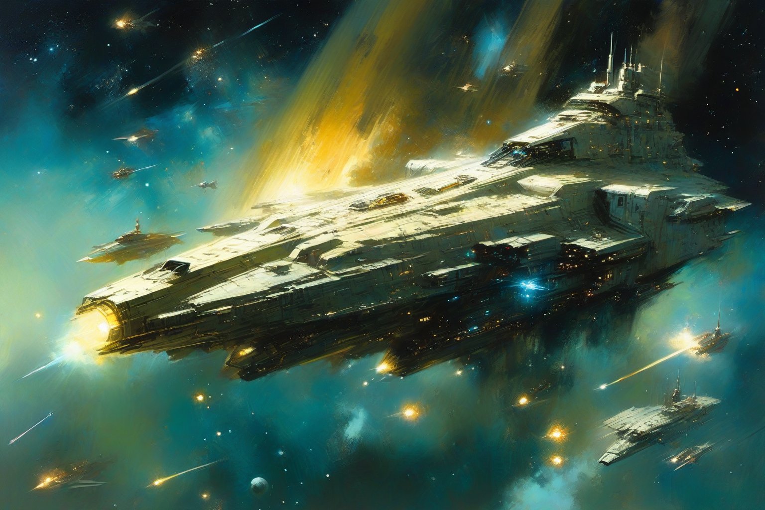 Stunning oil painting by bill sienkiewicz,  jeremy mann. A sci-fi, realistic high-definition photo of a huge space battleship passing a comet among the multitudes of stars in deep space. The glow of a distant nebula is faintly seen in the far distance.