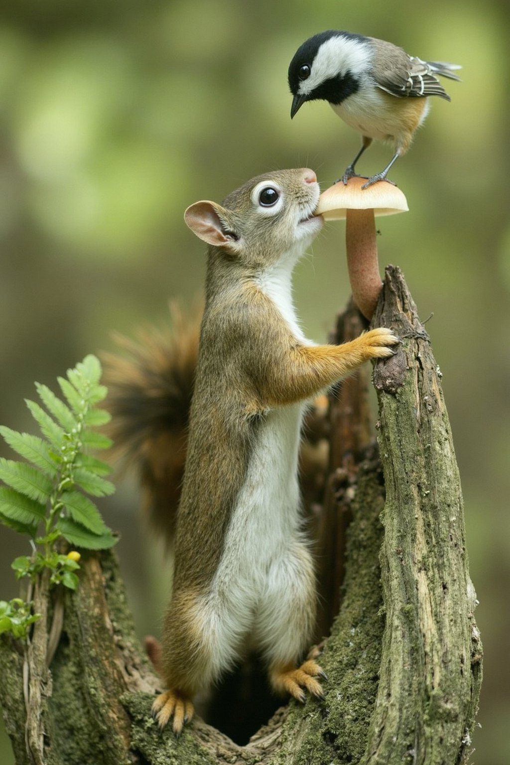 a close-up eye-level shot of a small squirrel, perched on a tree branch, biting a mushroom with a bird on its top. They face head to head looking each other. The background is blurred, suggesting a natural setting.