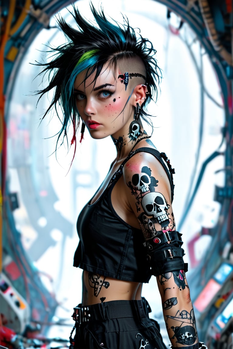 Score_9, score_8_up, score_7_up, score_6_up, a single misplaced and shot with an eos-1d x mark iii, awe- dark blues and blacks, girl swirling magical fairytale abstract artstation style, Skull tattoos, Full skull arm tattoos, atompunk, raypunk, 1900s , epiCPhoto, square spaceship , digital artwork by Beksinski, vibrant colors, epiCPhoto, wander through the dust panoramic, from a 1950's science fiction movie, full shot, dramatic mood, serene atmosphere, cinematic lighting,