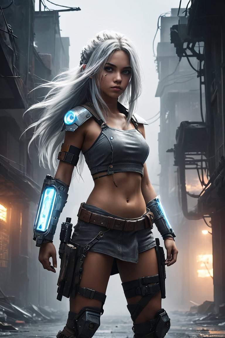 Post apocalypse, In the thick fog of a dilapidated city, in the middle of a dilapidated street, a half-cyborg girl stands ready for a confrontation, clutching homemade weapons similar to machete cleavers, but instead of metal, glowing bluish crystalline material,  with both hands. Her gaze is fixed off into the distance, the wind blowing through her long silver hair flutters around her. a half-cyborg girl is in a steady pose, firm, in a determined stance. the wind heightens the sense of anticipation. A charged atmosphere of emptiness, despair and tiredness, A dim, dystopian background with a warm, industrial tone - soft lighting, cyberpunk style