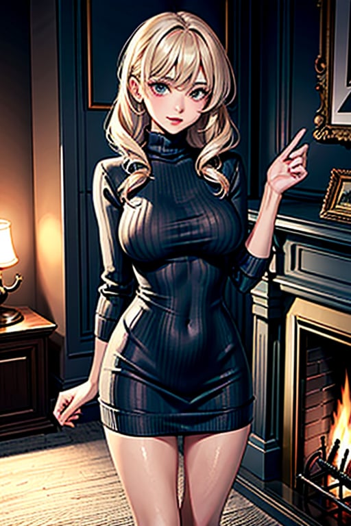 a girl, wearing cashmere turtleneck sweater mid thigh length dress, masterpiece, oil paint style, standing next to a fireplace mantelpiece 