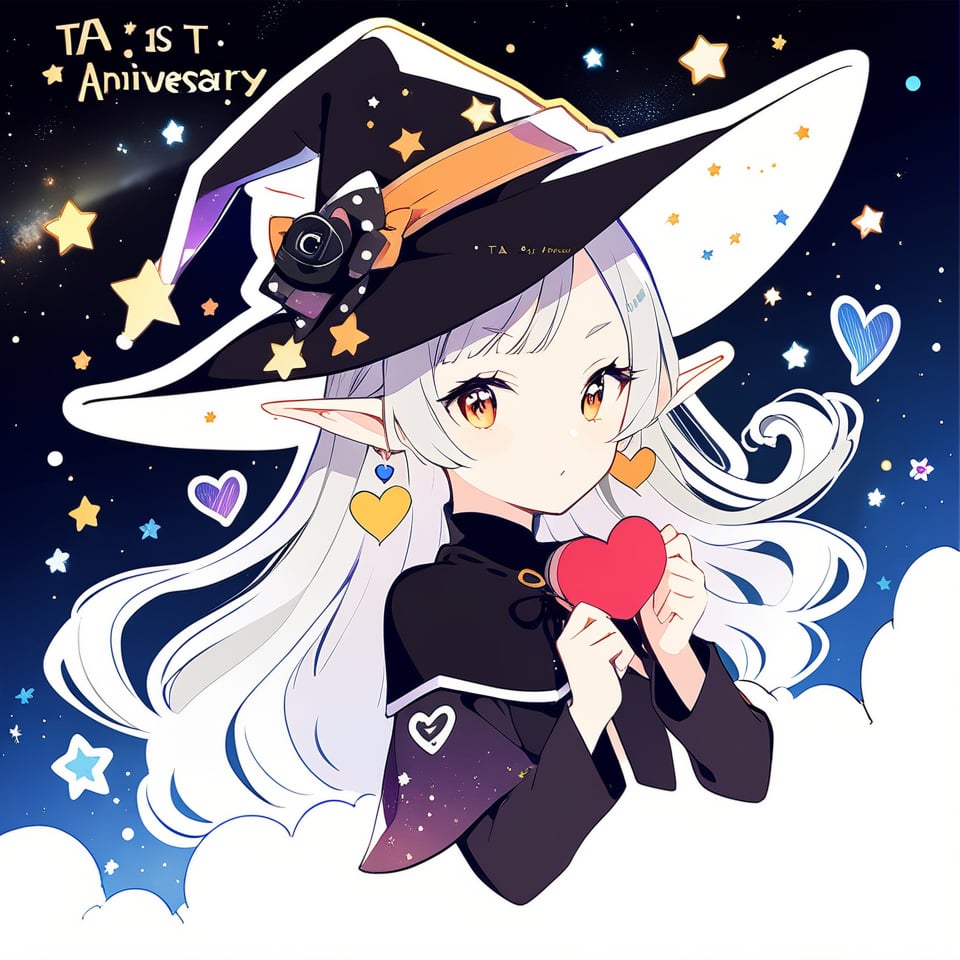 1girl, gray hair, black witch clothes, earrings, pointy ears, elf, witch hat, (text "TA 1st Anniversary"):1.7), stardust, space, heart symbol, holding heart