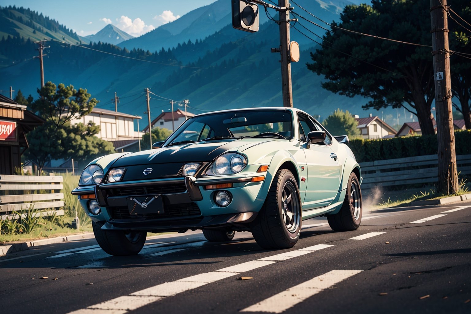 1970 Classic Nissan Fairlady Z with wide body kit is drifting in the street of Indonesian farm hill, poster composition,  carbon fiber engine cover, black rim, hot wheels style, sunny day, cool, aesthetic, spoilers, full car in frame, full car picture, drift, highly detailed, 8k, 1000mp, ultra sharp, masterpiece, realistic, detailed grills, detailed headlights, 4k grill, 4k headlight