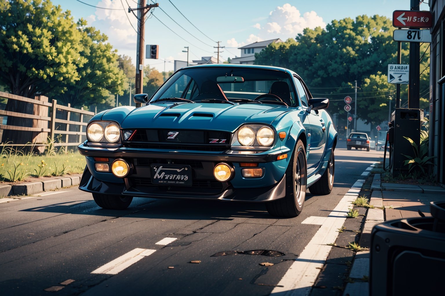 1970 Classic Nissan Fairlady Z with wide body kit is drifting in the street of Indonesian farm hill, poster composition,  carbon fiber engine cover, black rim, hot wheels style, sunny day, cool, aesthetic, spoilers, full car in frame, full car picture, drift, highly detailed, 8k, 1000mp, ultra sharp, masterpiece, realistic, detailed grills, detailed headlights, 4k grill, 4k headlight