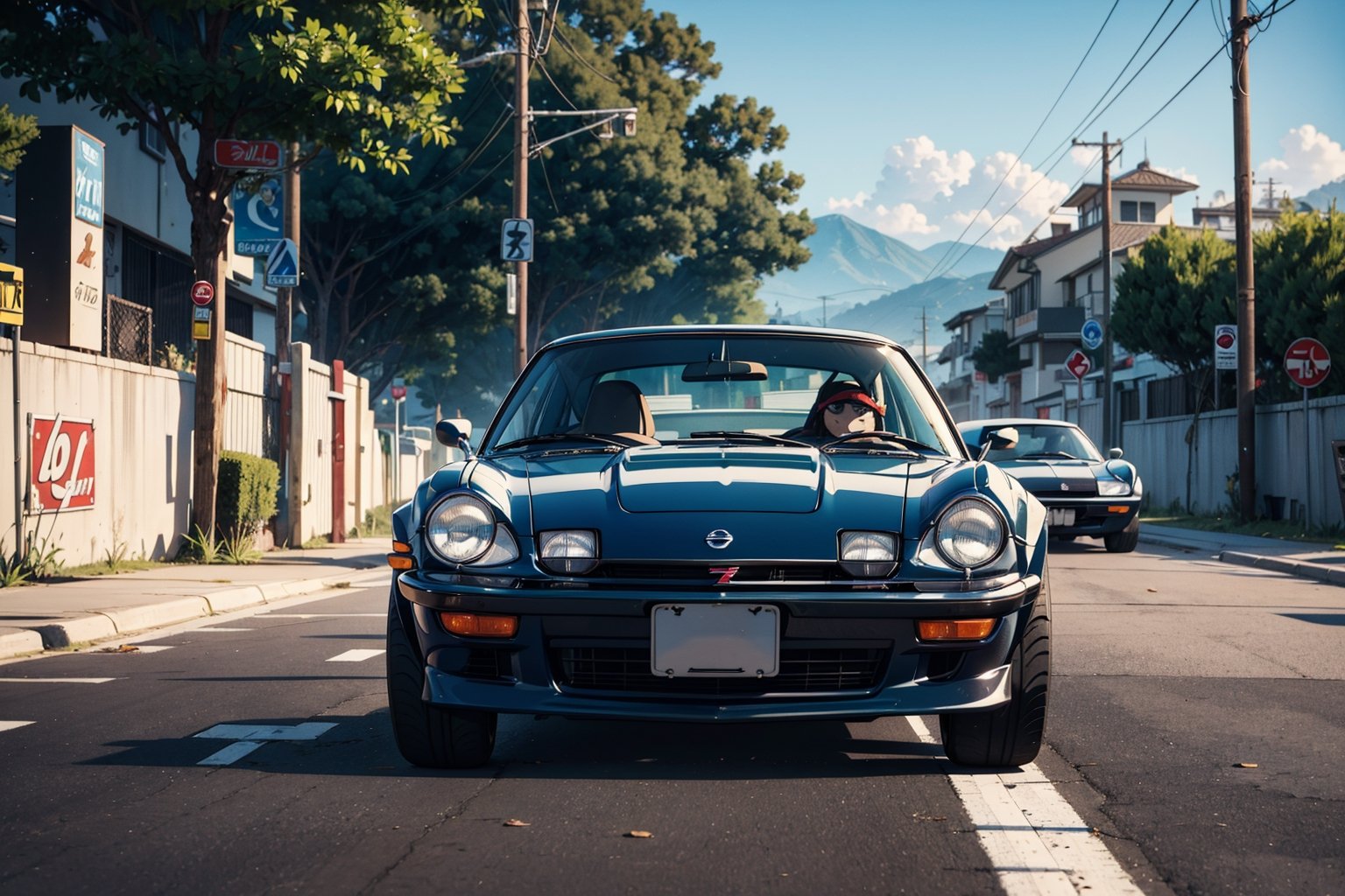 1970 Classic Nissan Fairlady Z with wide body kit is drifting in the street of Indonesian farm hill, poster composition,  carbon fiber engine cover, black rim, hot wheels style, sunny day, cool, aesthetic, spoilers, full car in frame, full car picture, drift, highly detailed, 8k, 1000mp, ultra sharp, masterpiece, realistic, detailed grills, detailed headlights, 4k grill, 4k headlight