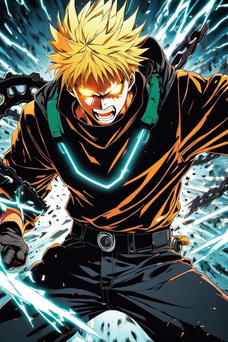 ultra detailed illustration of denji Chainsaw Man , ki aura surrounding his body, centered image, luminous image, bright aura with bolts, MSchiffer, manga, anime, best quality, sharp focus, angry look, fight pose screaming, very angry, cartoonish vector