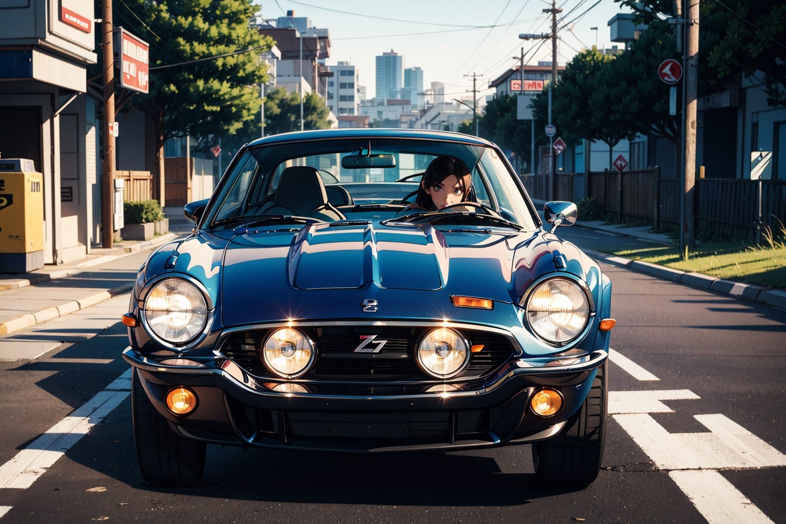 1970 Classic Nissan Fairlady Z with wide body kit is drifting in the street of Indonesian farm hill, poster composition,  carbon fiber engine cover, black rim, hot wheels style, sunny day, cool, aesthetic, spoilers, full car in frame, full car picture, drift, highly detailed, 8k, 1000mp, ultra sharp, masterpiece, realistic, detailed grills, detailed headlights, 4k grill, 4k headlight