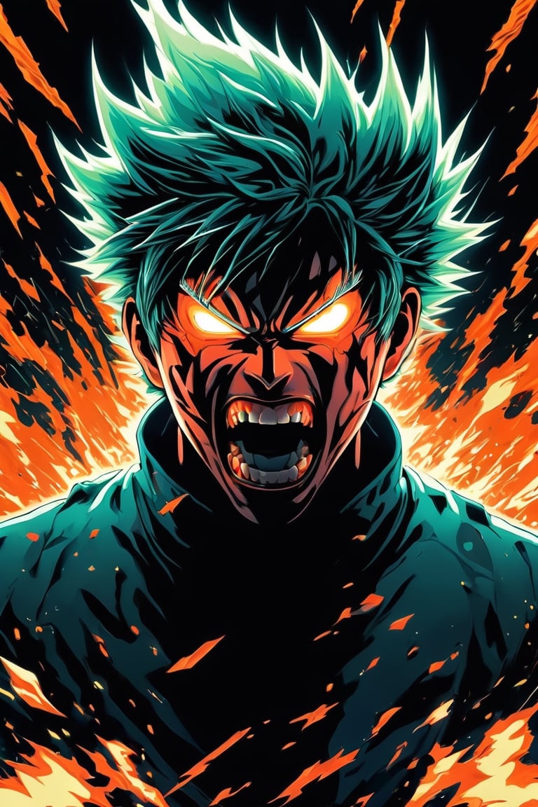 ultra detailed illustration of denji Chainsaw Man , ki aura surrounding his body, centered image, luminous image, bright aura with bolts, MSchiffer, manga, anime, best quality, sharp focus, angry look, fight pose screaming, very angry, cartoonish vector