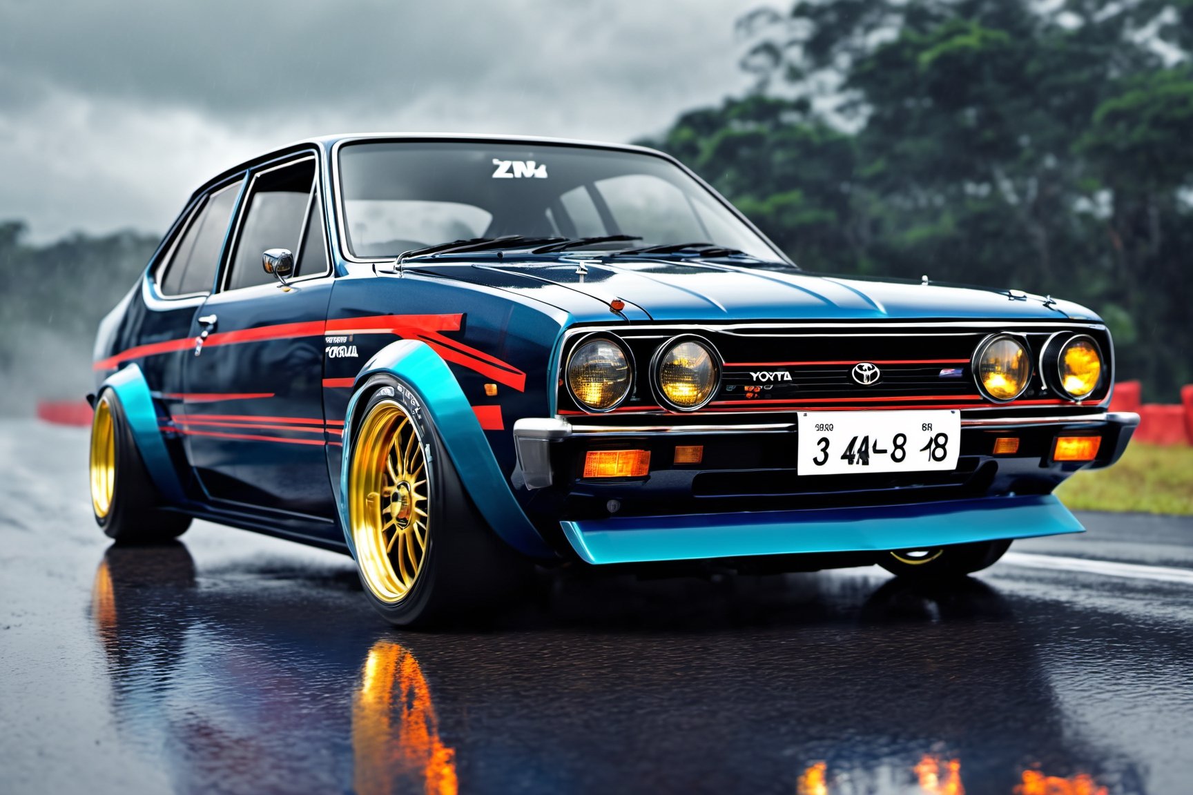 (digital artwork), Toyota Corolla KE30 , wide body kit, modified car, racing livery, Classic Car,rainingmasterpiece, best quality, realistic, ultra highres, depth of field, (detailed background), (masterpiece:1.2), (ultra detailed), (best quality), intricate, comprehensive cinematic, magical photography, Black color , detailed landscape, visual key,