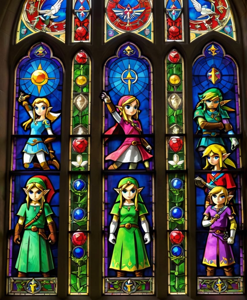 stained glass windows with the legend of zelda characters on them, zelda style art, nintendo game art, stained glass art, legend of zelda, stained glass style, the legend of zelda, stained glass!!, stained glass windows, stained glass, wind waker, stain glass, from legend of zelda, mystical cathedral windows, hyrule, intricate stained glass