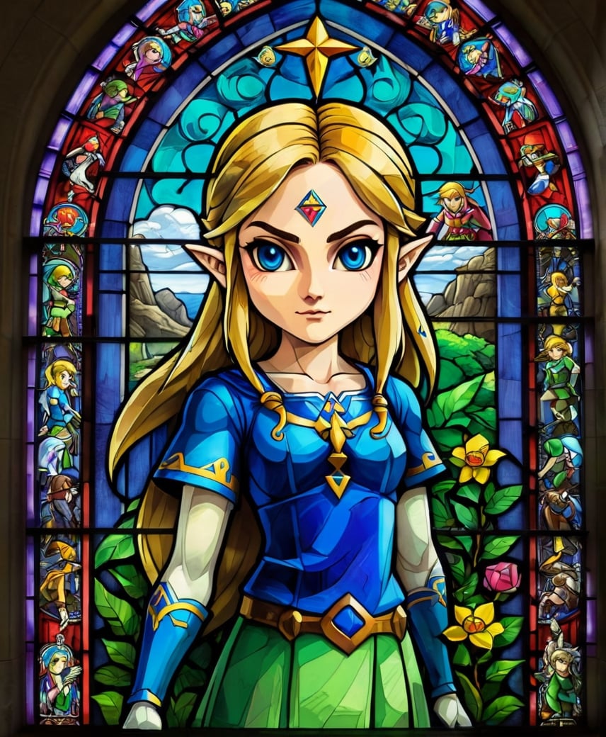 stained glass window with the legend of zelda character on them, zelda style art, nintendo game art, stained glass art, legend of zelda, stained glass style, the legend of zelda, stained glass!!, stained glass windows, stained glass, wind waker, stain glass, from legend of zelda, mystical cathedral windows, hyrule, intricate stained glass