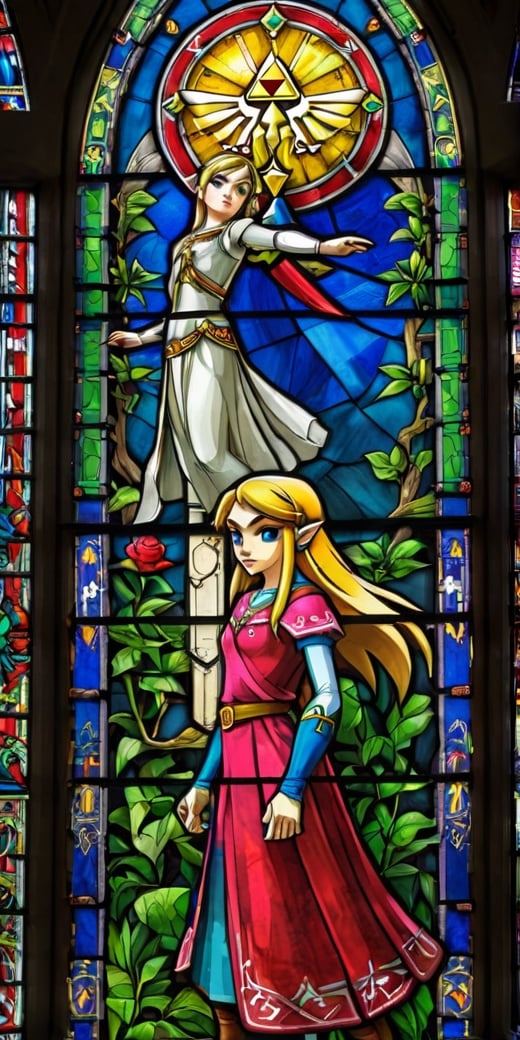 stained glass windows with the legend of zelda characters on them, zelda style art, nintendo game art, stained glass art, legend of zelda, stained glass style, the legend of zelda, stained glass!!, stained glass windows, stained glass, wind waker, stain glass, from legend of zelda, mystical cathedral windows, hyrule, intricate stained glass