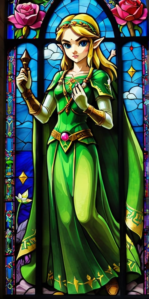 stained glass windows with the legend of zelda characters on them, zelda style art, nintendo game art, stained glass art, legend of zelda, stained glass style, the legend of zelda, stained glass!!, stained glass windows, stained glass, wind waker, stain glass, from legend of zelda, mystical cathedral windows, hyrule, intricate stained glass