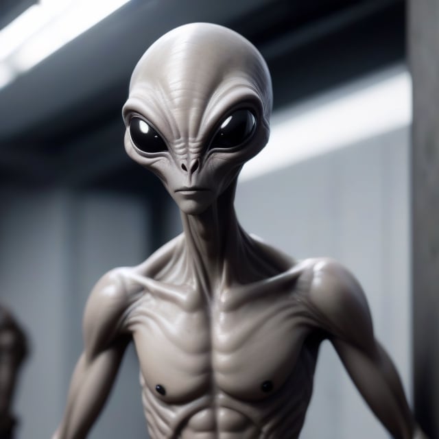 tall_whispy girĺ grey space alien with smooth ash colored skin and solid black eyes