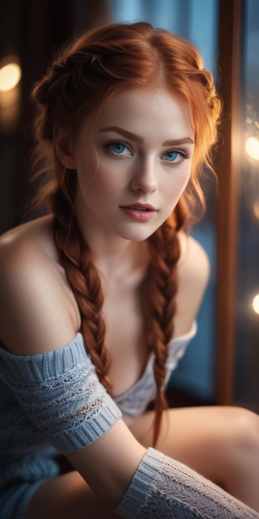 beautiful young woman, delicate and feminine, naked, teasing, fair skin, braided red hair, blue eyes, beautiful detailed eyes, alluring pose, provocative, (subtle smile:0.4), stunning intricate photo, full body in frame, beautiful legs, knee high socks, nocturne dreamy serene atmosphere, flickering light, photorealistic, epic realistic, soft cinematic light, warm lights, dramatic light, depth of field, faded, low saturation, muted colors, hyperdetailed, hyperrealism, (skin texture:1.2), film grain photo r3al, detailmaster2