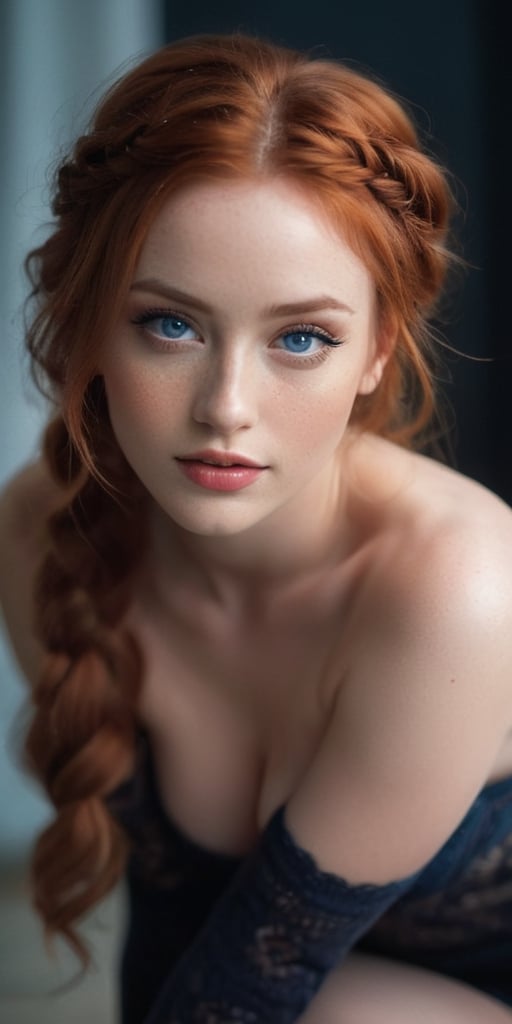 beautiful young woman, delicate and feminine, naked, teasing, fair skin, braided red hair, blue eyes, beautiful eyes, alluring pose, provocative, (subtle smile:0.6), stunning intricate photo, full body in frame, beautiful legs, knee high socks, nocturne dreamy serene atmosphere, flickering light, photorealistic, epic realistic, soft cinematic light, warm lights, dramatic light, depth of field, faded, low saturation, muted colors, hyperdetailed, hyperrealism, (skin texture:1.2), film grain photo r3al, detailmaster2, perfecteyes