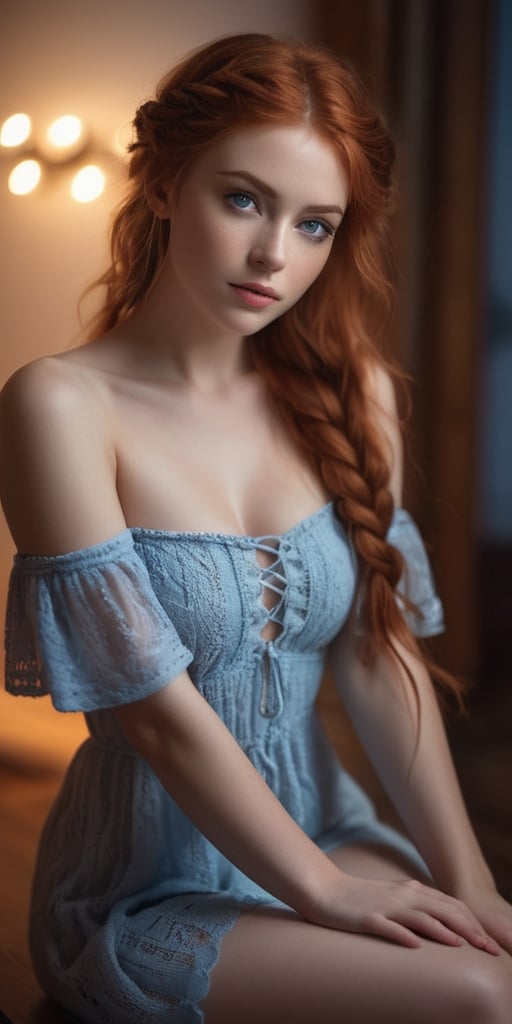 beautiful young woman, delicate and feminine, naked, teasing, fair skin, braided red hair, blue eyes, beautiful detailed eyes, alluring pose, provocative, (subtle smile:0.4), stunning intricate photo, full body in frame, beautiful legs, knee high socks, nocturne dreamy serene atmosphere, flickering light, photorealistic, epic realistic, soft cinematic light, warm lights, dramatic light, depth of field, faded, low saturation, muted colors, hyperdetailed, hyperrealism, (skin texture:1.2), film grain photo r3al, detailmaster2