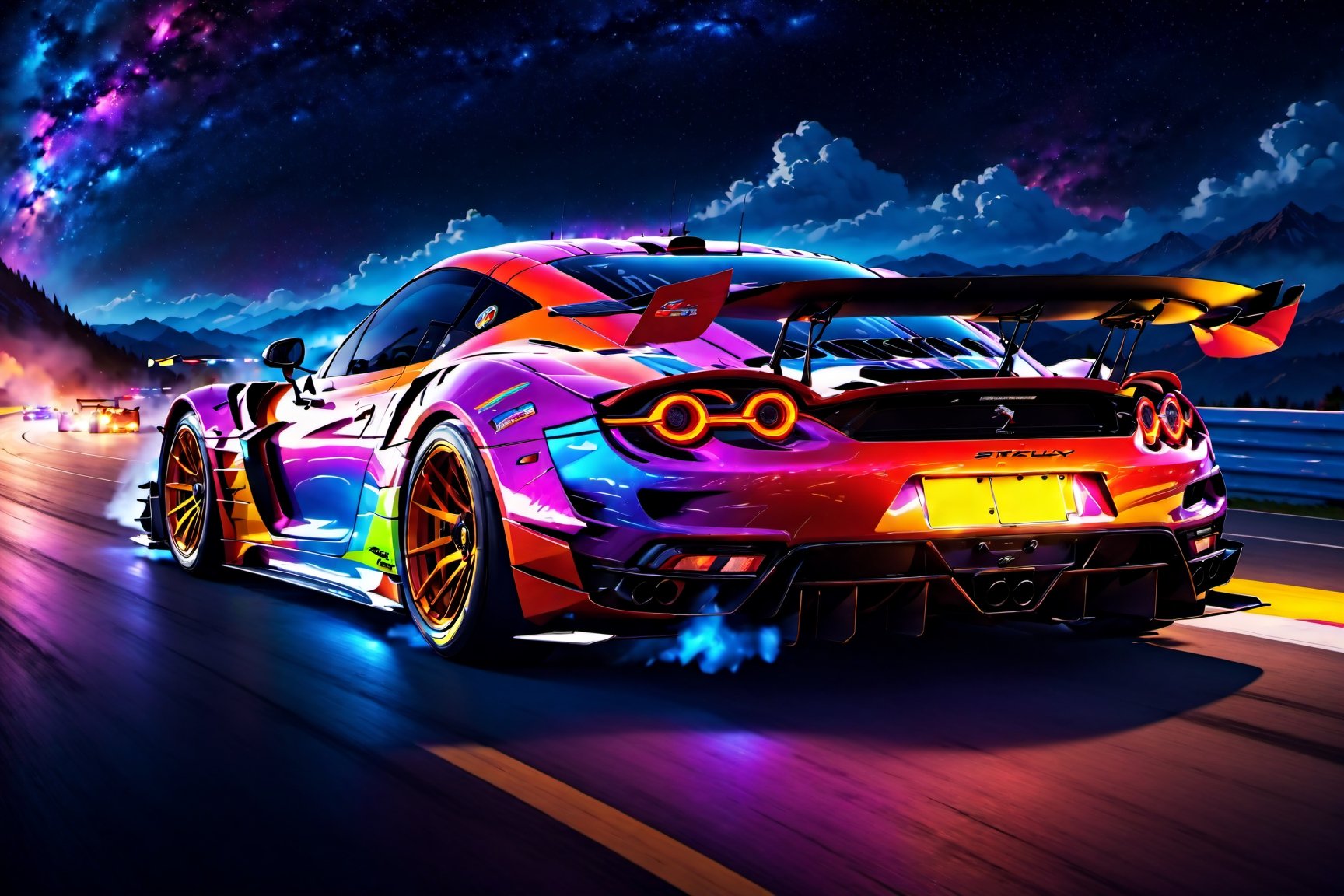 angelic sports car, blue and white colors, bright sky, colorful beautiful mountain, sharp, clouds, detailed car body ,ethereal art, detailed tires, fire scene, more detail, (masterpiece, best quality, ultra-detailed, 8K), race car, street racing-inspired,Drifting inspired, LED, ((Twin headlights)), (((Bright neon color racing stripes))), (Black racing wheels), Wheelspin showing motion, Show car in motion, Burnout,  wide body kit, modified car,  racing livery, masterpiece, best quality, realistic, ultra highres, (((depth of field))), (full dual colour neon lights:1.2), (hard dual color lighting:1.4), (detailed background), (masterpiece:1.2), (ultra detailed), (best quality), intricate, comprehensive cinematic, magical photography, (gradients), glossy, Night with galaxy sky, Fast action style, fire out of tail pipes, Sideways drifting in to a turn, Neon galaxy metalic paint with race stripes, GTR Nismo, NSX, Porsche, Lamborghini, Ferrari, Bugatti, Ariel Atom, BMW, Audi, Mazda, Toyota supra, Lamborghini Aventador,  aesthetic,intricate, realistic,cinematic lighting, Neon Paint, streaks of fire,c_car,more detail XL,mecha,Concept Cars,DonMPl4sm4T3chXL ,Sexy,vaporwave style,Comic Book-Style 2d,spcrft,3d toon style