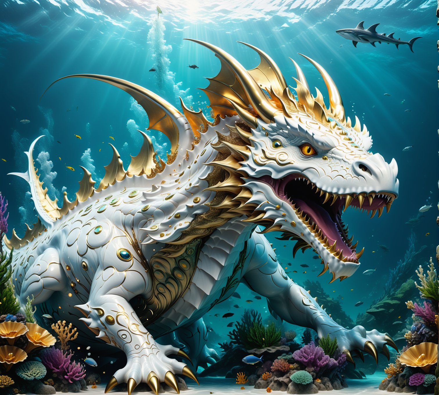 High definition photorealistic render of an incredible and mysterious futuristic mythical creating creature inusual big with giant dragon-shaped morza with many eyes in splosion monster with parametric shape and structure in the word, curved and fluid shapes in a on the seabed, with fish sharks marine life, aquatic plants, seabeds, shells and bubble explosion, in white marble with intricate gold details, luxurious details and parametric architectural style in marble and metal, epic pose
​