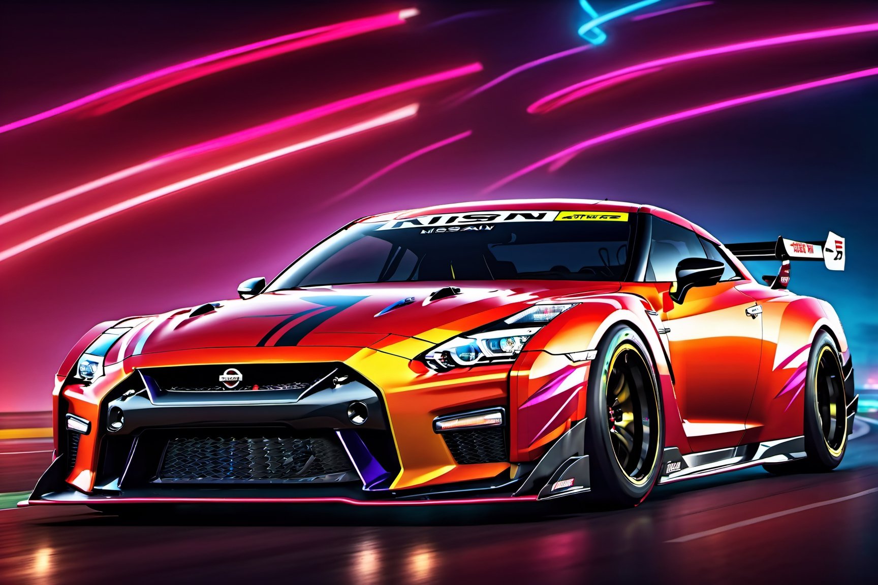 (((A photo realistic image of a Nissan GT-R Nismo))), ((wide shot)) , sharp, detailed car body , detailed tires, (masterpiece, best quality, ultra-detailed, 8K), race car, street racing-inspired, Drifting inspired, LED, ((Twin headlights)), (((Bright neon color racing stripes))), (Black racing wheels), Wheel spin showing motion, Show car in motion, Burnout,  wide body kit, modified car,  racing livery, masterpiece, best quality, realistic, ultra high res, (((depth of field))), (full dual color neon lights:1.2), (hard dual color lighting:1.4), (detailed background), (masterpiece:1.2), (ultra detailed), (best quality), intricate, comprehensive cinematic, magical photography, (gradients), glossy, Fast action style, Sideways drifting in to a turns, ,c_car,fire element