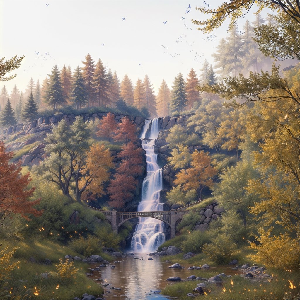 (((Watter fall in day time)), (hyper-detailed scenery:1.5), (sharpen details:1.2), high detail, Hyperrealism, wide shot, masterpiece, super detail, award winning, highres, 4K, best quality, Nature,Perfect dramatic lighting,firefliesfireflies