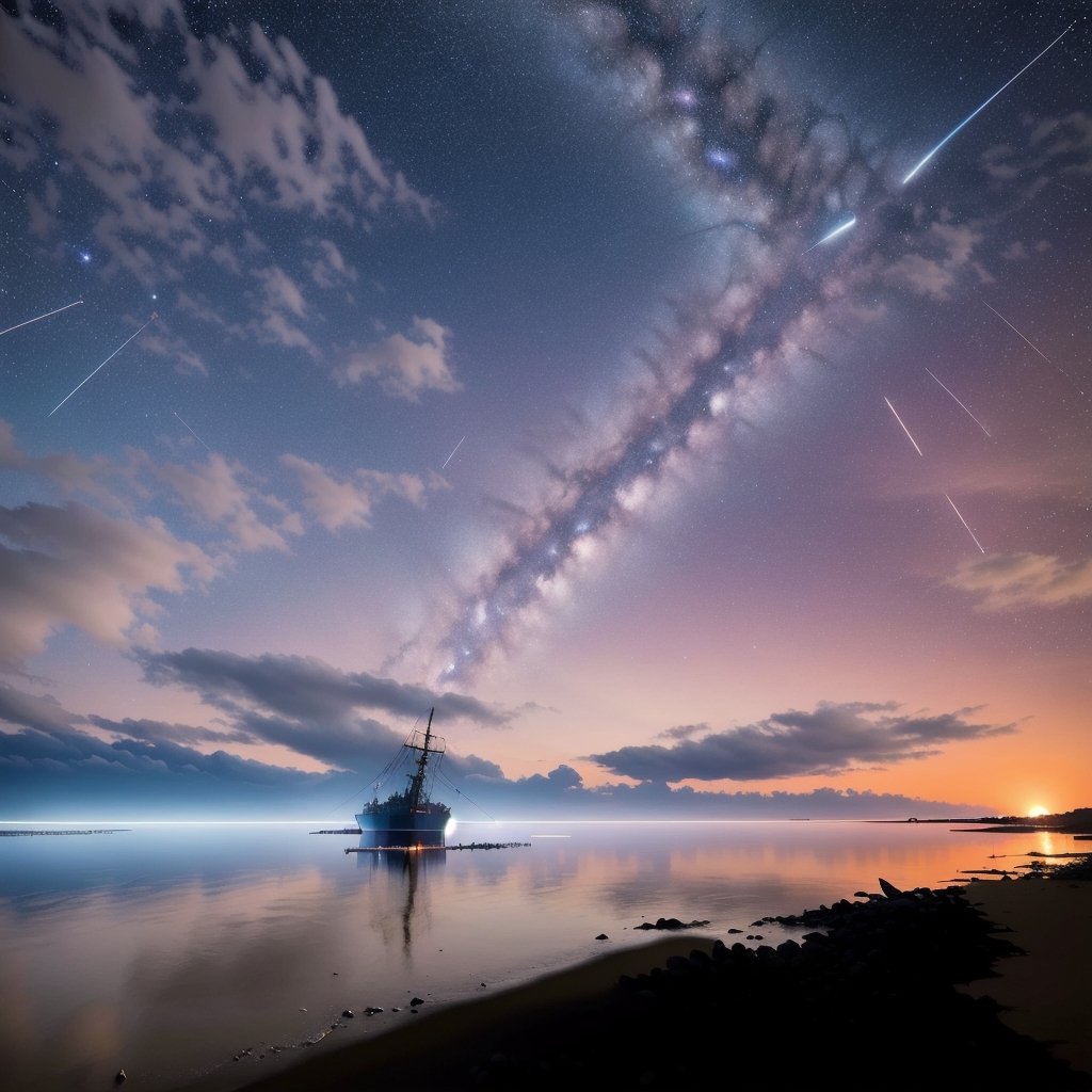 (((On a beach at night a ship wreck just the steel frame all that is left of the ship sticks up out of the water the Sun set dark multy color night sky is filled with stars)), (hyper-detailed scenery:1.5), (sharpen details:1.2), high detail, Hyperrealism, wide shot, masterpiece, super detail, award winning, highres, 4K, best quality, Nature,Perfect dramatic lighting,firefliesfireflies