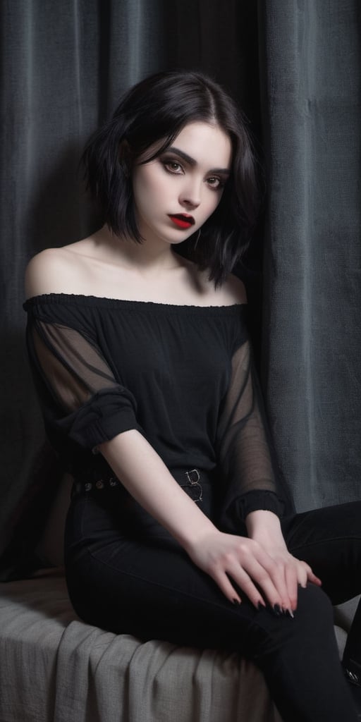 Handsome, Stunning, Young, Goth, Girl, Tall, Wide eyes, Emotional, Depressed, Full lips, Fit slender body, Pale skin. Long black curtain kinky bob-cut fluffy wavy hair. Wears, Loose black long T-shirt long sleeve, Gray pants, Sitting in dark creepy dark room pictures on wall, Nighttime. Realistic, Sharp focus,