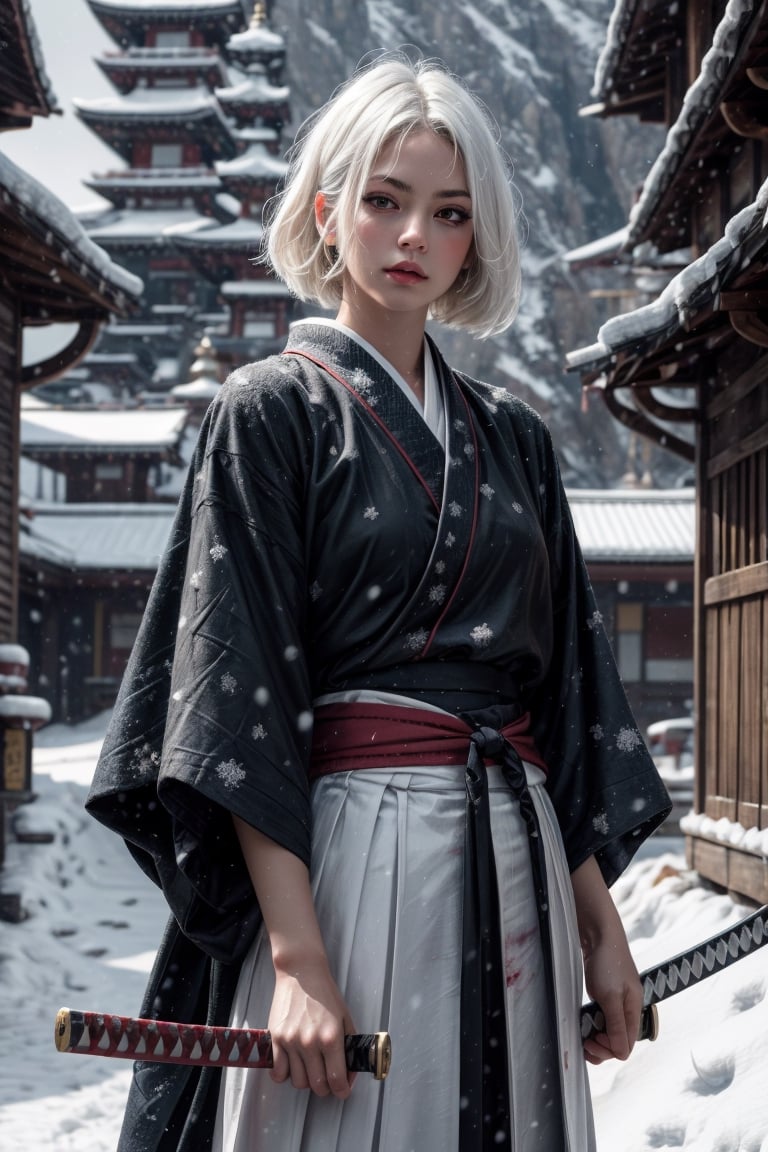 {{{masterpiece}}}, {{{best quality}}}, {{{ultra-detailed}}}, {cinematic lighting}, {illustration}, 1girl, samurai girl, white hair, long hair, hair over front, tight blue hakama, katana, unsheathing katana, snowy background, bloody snow, Samurai girl, guweiz style