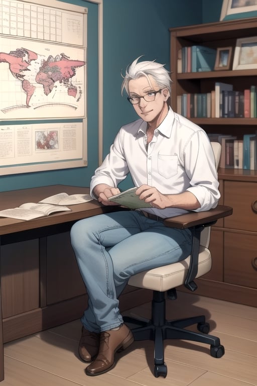 
Blend of comic book art and lineart in full natural colors. A full body portrait shot of an attractive Euopean professor in his early 60s, with a normal build and white hair, friendly face, wearing jeans and a shirt and a west.wearing glasses. Sits at his desk looking at a map in front of him. The desk behind him are full of books and notes and old maps.