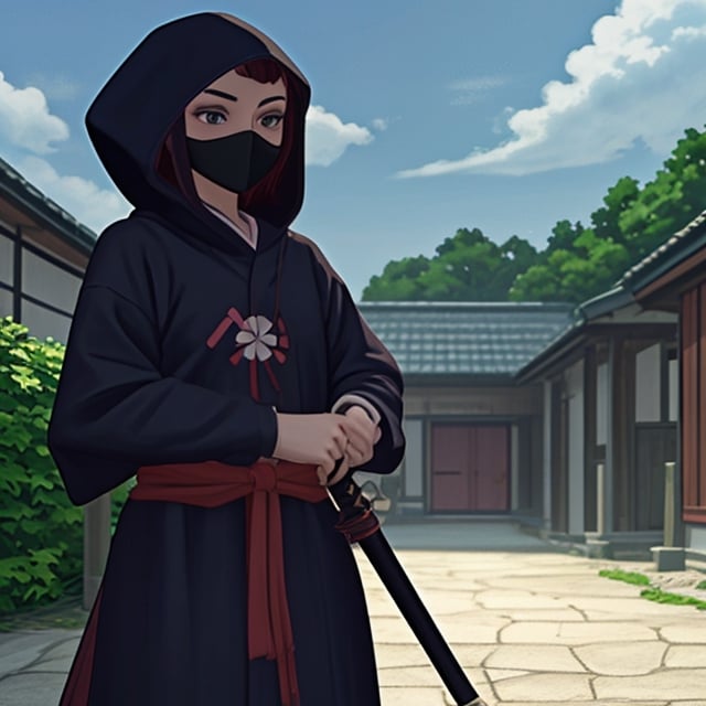 masterpiece), best quality, perfect face, Katie McGrath, dressed like a ninja, black ninja outfit with hood, holding sword, 
(wearing a black mask), traditional Japanese house in background, studio ghibli, anime style,FFIXBG,<lora:659111690174031528:1.0>