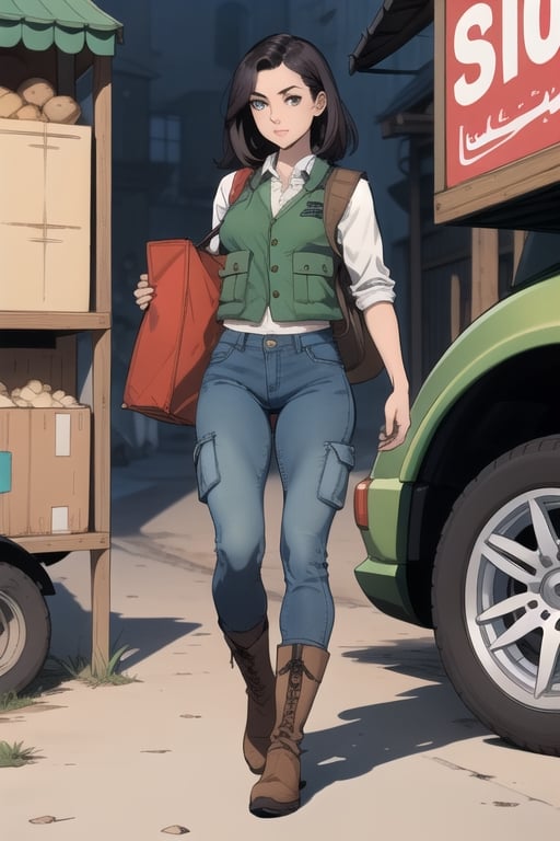 
Blend of comic book art and lineart in full natural colors. A full body portrait shot of an attractive Euopean woman in her late 20s, with an athletic build and shoulder-length dark hair, beautiful face, wearing a green cargo vest and kakhi jeans with a sturdy boots, carrying a satchel, Arabian market in the background 