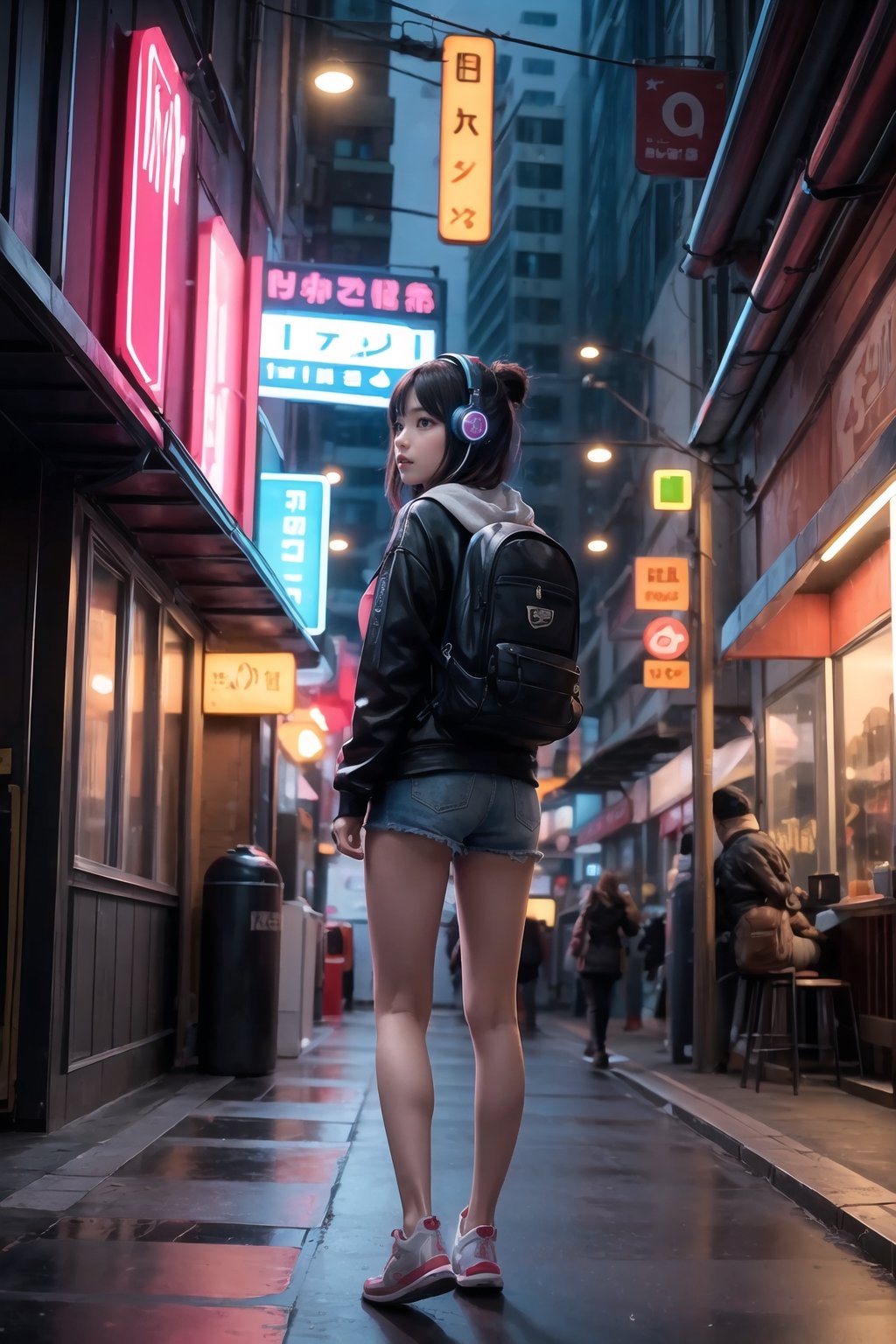 Dreampolis, hyper-detailed digital illustration, cyberpunk, single girl with techsuite hoodie and headphones in the street, neon lights, lighting bar, city, cyberpunk city, film still, backpack, in megapolis, pro-lighting, high-res, masterpiece,Wonder of Art and Beauty