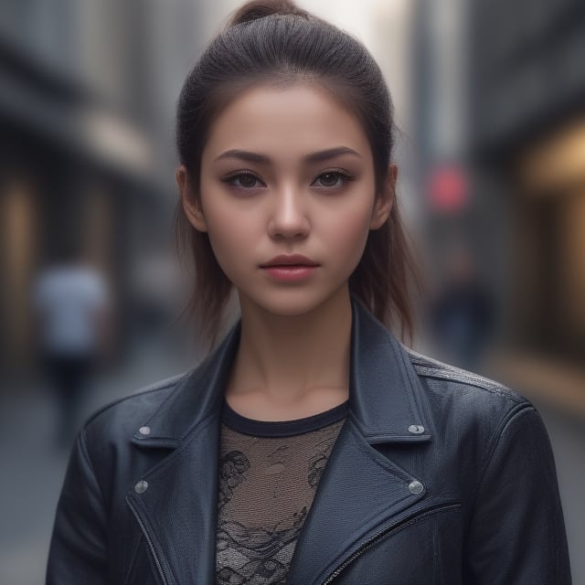 32k resolution, hyper realism, high quiality, close up of a beautiful woman, Tokyo street, lace leather jacket, messy brunette ponytail, sharp focus, photorealism,photorealistic,,,<lora:659095807385103906:1.0>