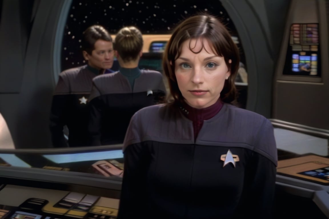  ds9st uniform, Young femal officers, on the bridge of the enterprise 1701-d, crew in background ,photorealistic, many crew members