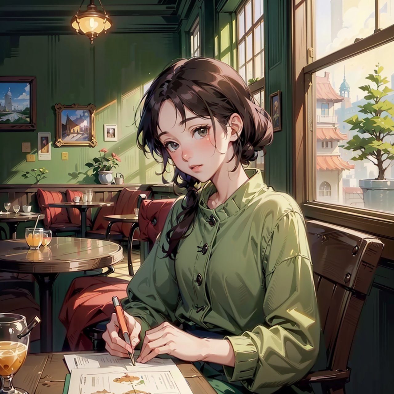 (anime art of a person sitting at a table in front of a window, a picture by Kanbun Master, pixiv, serial art, cozy cafe background, studio ghibli aesthetic, lofi artstyle:1.2), masterpiece, 4k, best quality, anime art, natural beauty