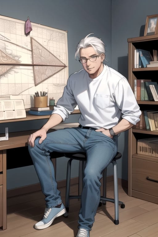 
Blend of comic book art and lineart in full natural colors. A full body portrait shot of an attractive Euopean professor in his early 60s, with a normal build and white hair, friendly face, wearing jeans and a shirt and a west.wearing glasses. Sits at his desk looking at a map in front of him. The desk behind him are full of books and notes and old maps.