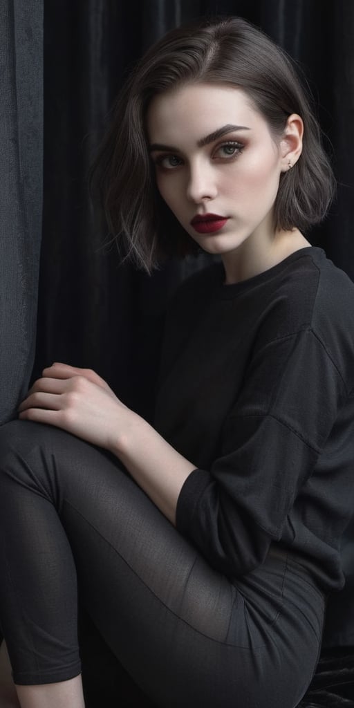 Handsome, Stunning, Young, Goth, Girl, Tall, Wide eyes, Emotional, Depressed, Full lips, Fit slender body, Pale skin. Long black curtain kinky bob-cut fluffy wavy hair. Wears, Loose black long T-shirt long sleeve, Gray pants, Sitting in dark creepy dark room pictures on wall, Nighttime. Realistic, Sharp focus,