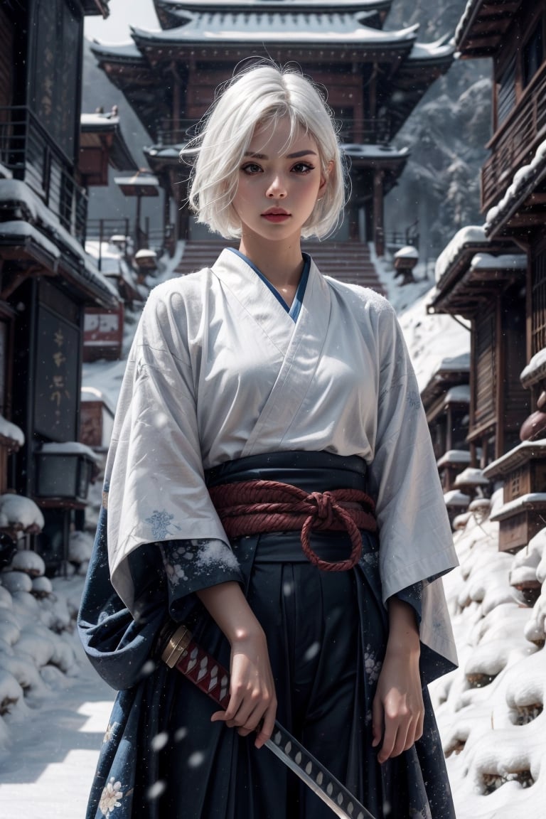 {{{masterpiece}}}, {{{best quality}}}, {{{ultra-detailed}}}, {cinematic lighting}, {illustration}, 1girl, samurai girl, white hair, long hair, hair over front, tight blue hakama, katana, unsheathing katana, snowy background, bloody snow, Samurai girl, guweiz style