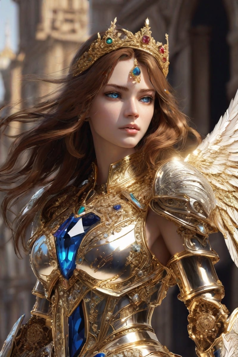 Masterpiece, highly detailed, realistic, A beautiful girl battle angel in polished solid gold armour with barouque engraving with a diamonds and precious stones. She has a broadsword. She has two large white feathered wings and long flowing auburn hair and an intricate gold crown encrusted with diamonds sapphires rubies and emeralds. She has beautiful blue eyes.  Beautiful Face, Detailed face, lovely, photorealistic, photograph