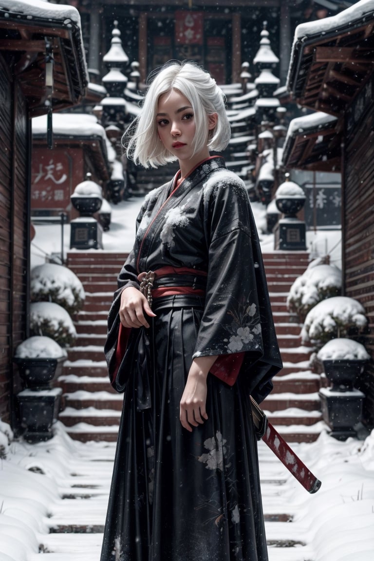 {{{masterpiece}}}, {{{best quality}}}, {{{ultra-detailed}}}, {cinematic lighting}, {illustration}, 1girl, samurai girl, white hair, long hair, hair over front, tight blue hakama, katana, unsheathing katana, snowy background, bloody snow, Samurai girl, guweiz style