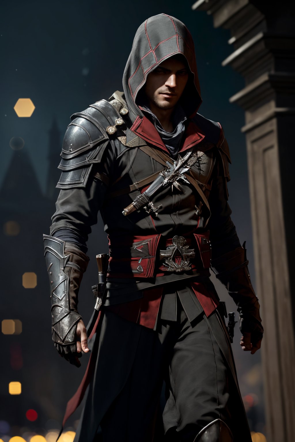 1boy,assassin suit,cinematic,best looks,armored,best assassin outfit, fullbody, ((dark background:1.2)),((night view:1)),((light bokeh)),detailed, sharp focus, photo by greg rutkowski, soft lighting, (masterpiece), (detailed face:1.2),highly detailed,best quality,16k, from below,assassin's creed theme,(detailed hands:1)