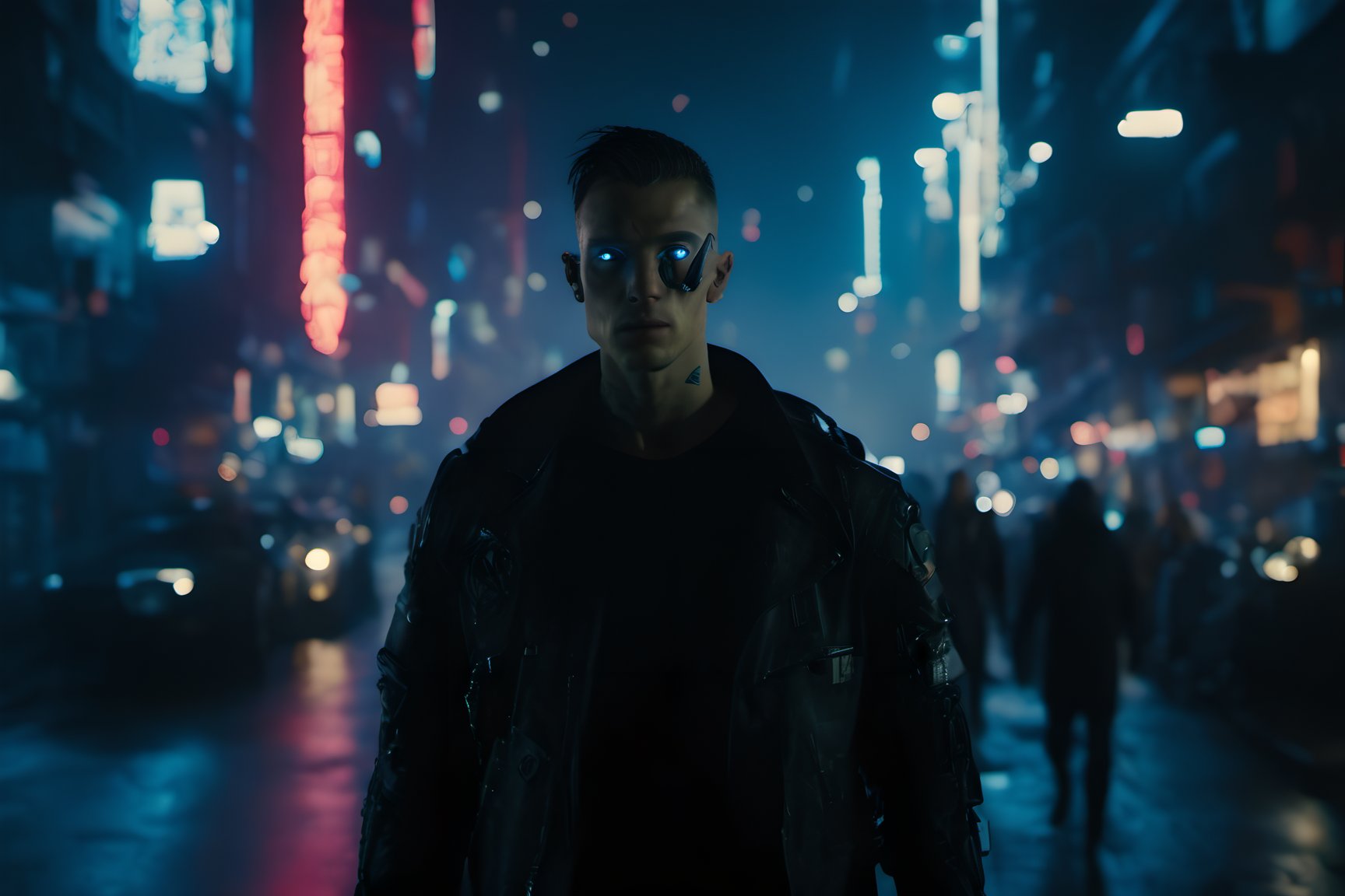 night city, walking on a street towards the camera, facing the camera, subject lit by sidelight, perfect face, perfect eyes, perfect body, cyberpunk style, contrasted scene, searchlights, call signs, buildings, drones, cars, cyborg style, Movie Still