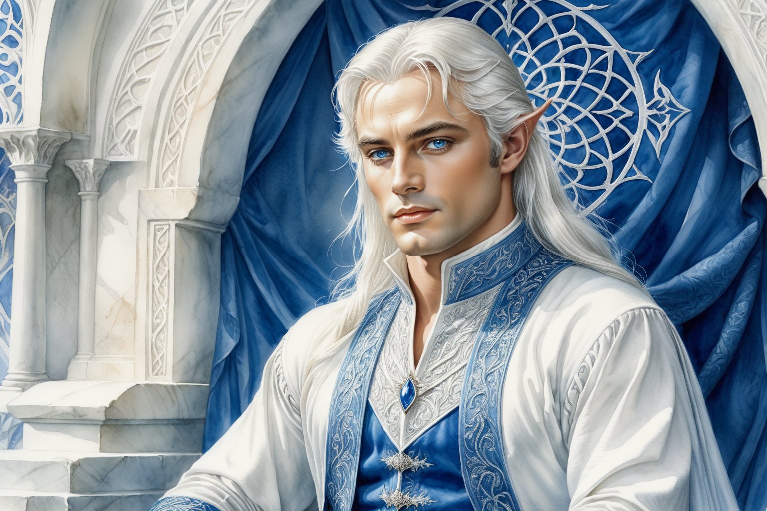 closeup. watercolor by Allan Lee. watercolor. Tolkien illustration.. detailed. realistic. closeup. closeup portrait of Alain Delon as a handsome masculine male elf, long white hair, blue eyes, elven ears, blue and white medieval clothes, in a white chamber, ethereal, tall and wide shoulders, elegant, dramatic pose, Intricate, dramatic, dramatic pose, intricate fabric, intricate clothes, very detailed clothes, broad shoulders, wide shoulders, sitting on a white stone throne, elegant elven robes, 