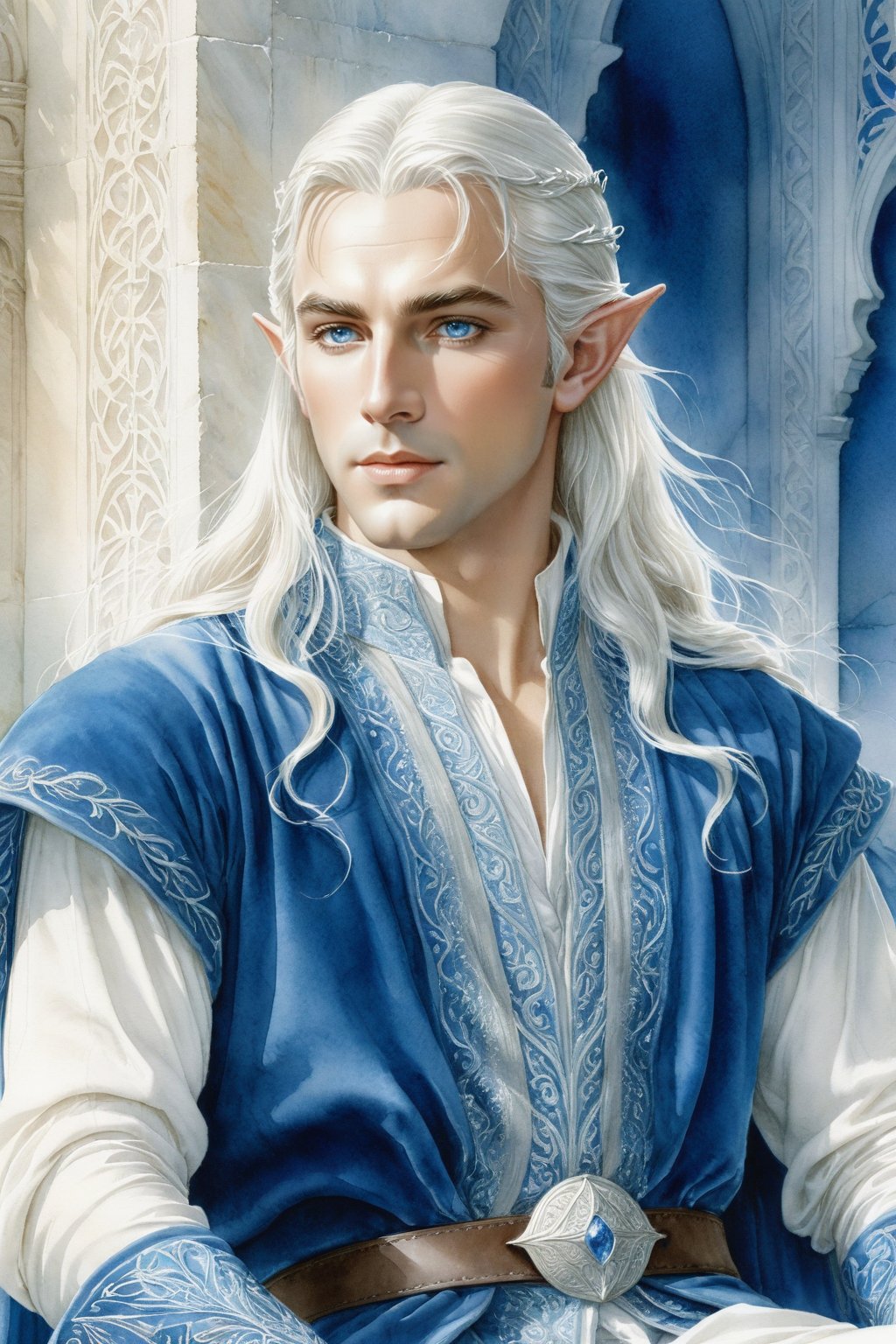 closeup. watercolor by Allan Lee. watercolor. Tolkien illustration.. detailed. realistic. closeup. closeup portrait of a handsome masculine male elf, long white hair, blue eyes, elven ears, blue and white medieval clothes, in a white chamber, ethereal, tall and wide shoulders, elegant, dramatic pose, Intricate, dramatic, dramatic pose, intricate fabric, intricate clothes, very detailed clothes, broad shoulders, wide shoulders, sitting on a white stone throne