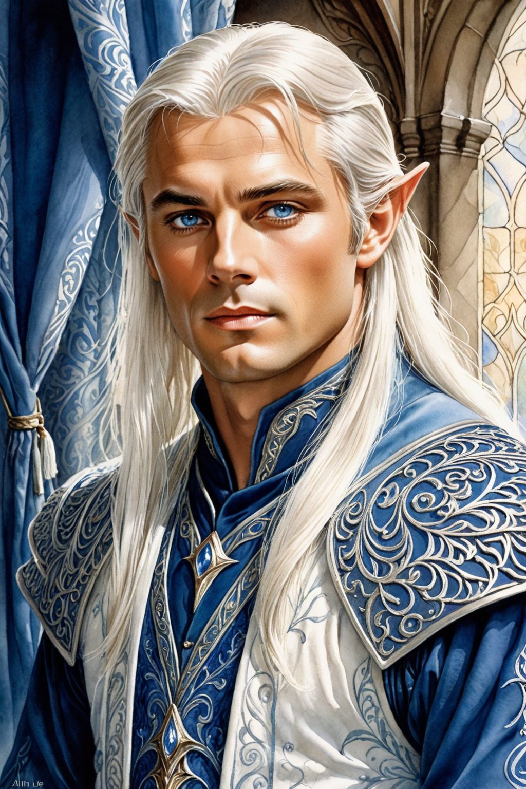 closeup. watercolor by Allan Lee. watercolor. Tolkien illustration.. detailed. realistic. closeup. closeup portrait of Alain Delon as a handsome masculine male elf, long white hair, blue eyes, elven ears, blue and white medieval clothes, in a white chamber, ethereal, tall and wide shoulders, elegant, dramatic pose, Intricate, dramatic, dramatic pose, intricate fabric, intricate clothes, very detailed clothes, broad shoulders, wide shoulders, elegant elven robes, 