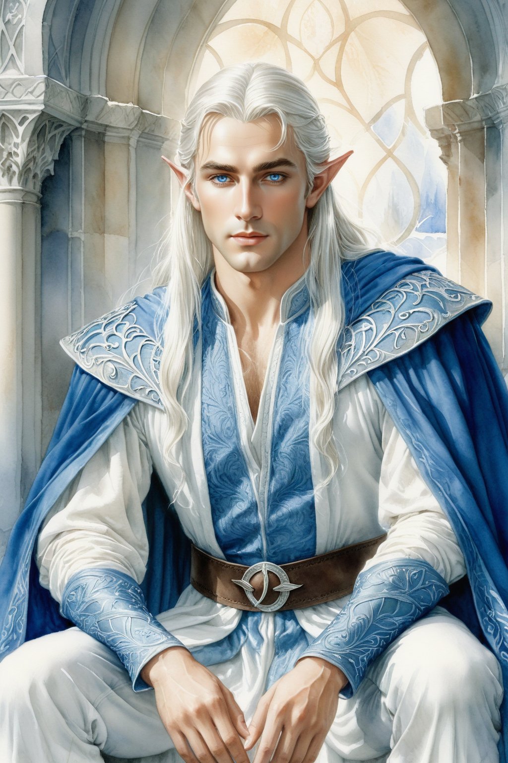 closeup. watercolor by Allan Lee. watercolor. Tolkien illustration.. detailed. realistic. closeup. closeup portrait of a handsome masculine male elf, long white hair, blue eyes, elven ears, blue and white medieval clothes, in a white chamber, ethereal, tall and wide shoulders, elegant, dramatic pose, Intricate, dramatic, dramatic pose, intricate fabric, intricate clothes, very detailed clothes, broad shoulders, wide shoulders, sitting on a white stone throne