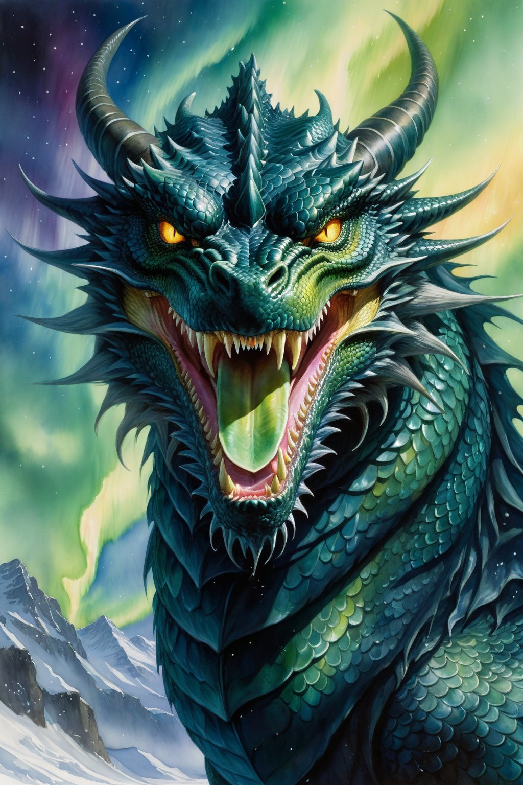 painting by Matthew Stewart. watercolor. closeup. elegant dragon. hard, defined scales. facing the viewer. huge black european dragon.  golden eyes. roaring. threatening.  angry. huge muscular head. majestic.  northern lights