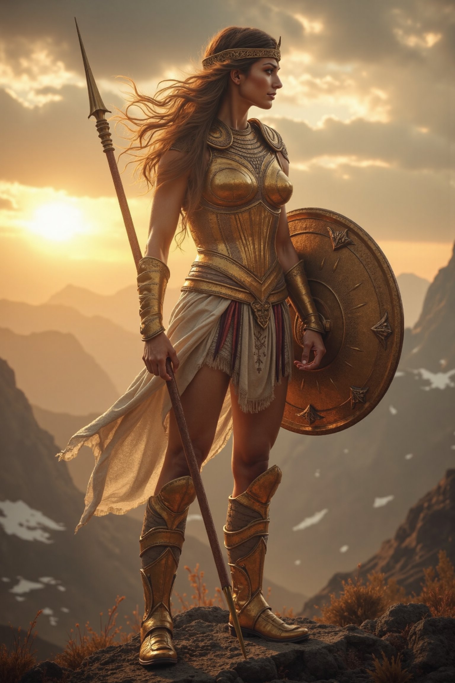 A heroic woman warrior with an ethereal presence, dressed in golden armor inspired by ancient Greek design, standing atop a mountain as dawn breaks behind her. She holds a spear in one hand and a shield in the other, her hair flowing with a soft breeze. Her expression is serene but fierce, and her stance radiates confidence and protection. The sky is painted with morning colors, and a subtle glow outlines her figure, adding a divine touch. Capture fine details in her armor, with a focus on textures and the majestic landscape in the background.







