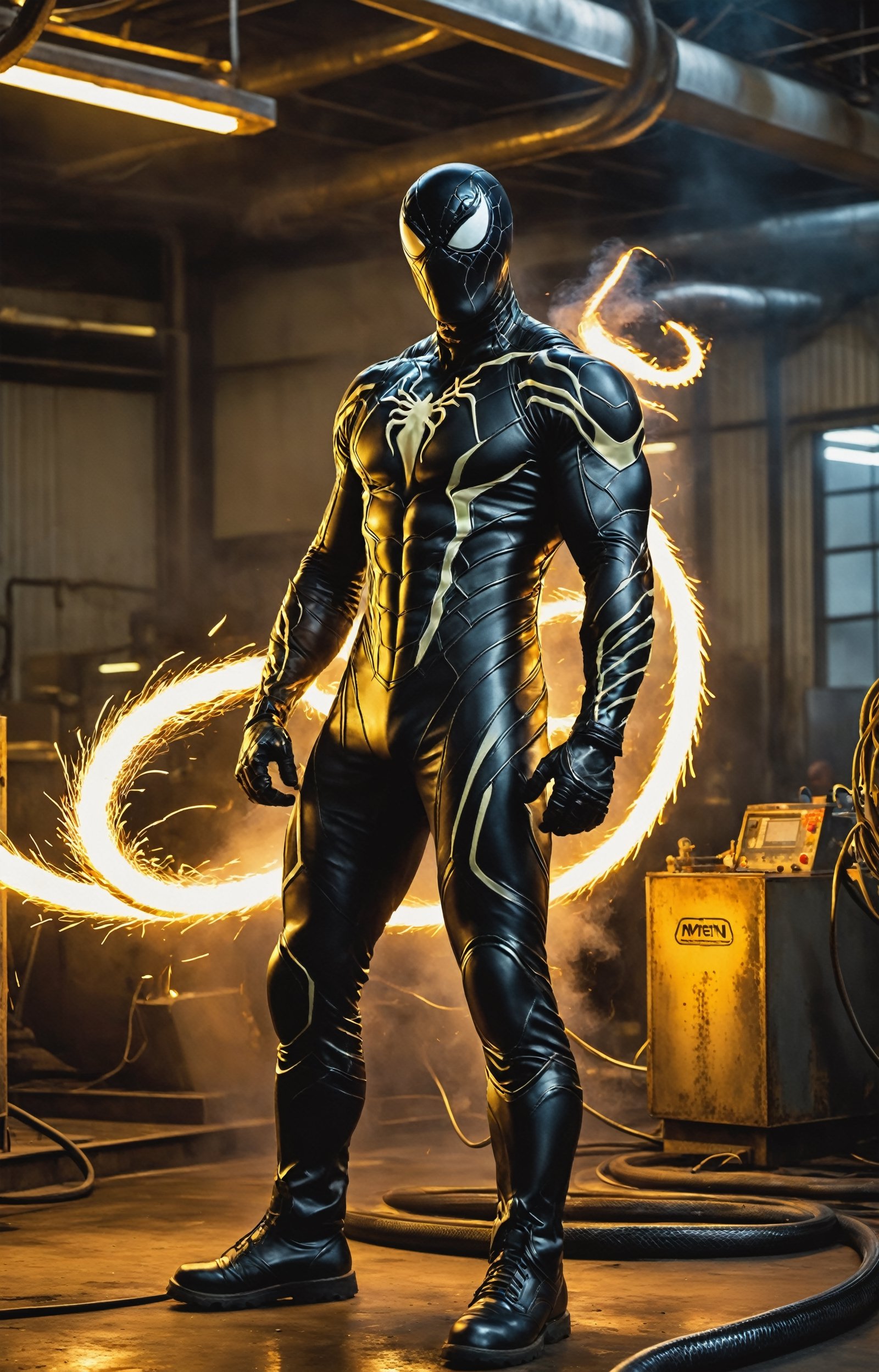 Within the fiery confines of an industrial welding workshop, the symbiotic transformation of Venom takes an unexpected and visually electrifying turn. The towering figure of Venom, clad in a molten, metallic symbiotic suit, welds with a methodical precision using the intense brilliance of the MIG welding technique. Sparks fly in chaotic patterns as the white-hot welder's arc illuminates the symbiote-infused creature's formidable silhouette. The symbiotic tendrils snake around the welding equipment, responding to the intense heat and energy with an otherworldly resilience. The ambient glow of the welding sparks plays upon the glossy black surface of Venom's symbiotic suit, creating a mesmerizing interplay of light and shadow. The fusion of the extraterrestrial symbiote and the industrial sparks captures the essence of a unique and powerful Venom, embracing both the menacing nature of the character and the intense craftsmanship of a skilled spawacz wielding the MIG method.