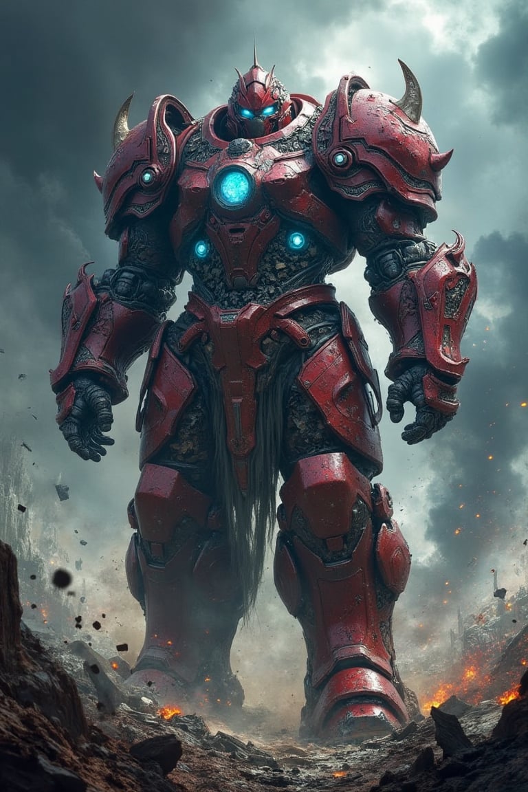 A hyperrealistic full-body portrayal of a gigantic armored warrior standing on a battlefield littered with wreckage. The a...